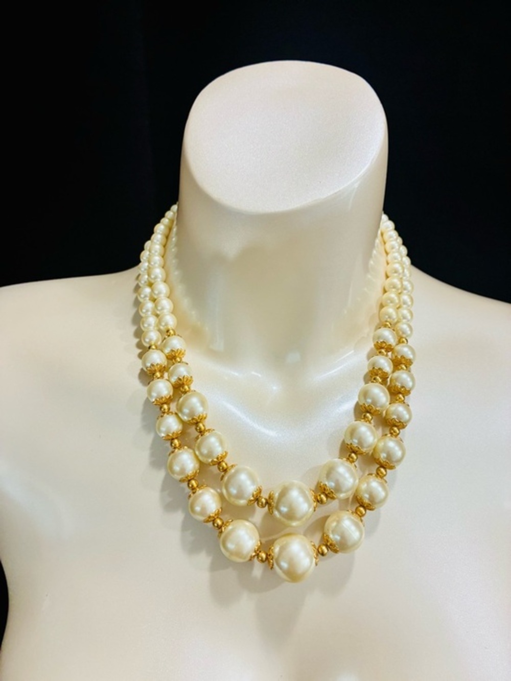 Source Unknown Cream Pearl Double-Strand Necklace with Gold Accents